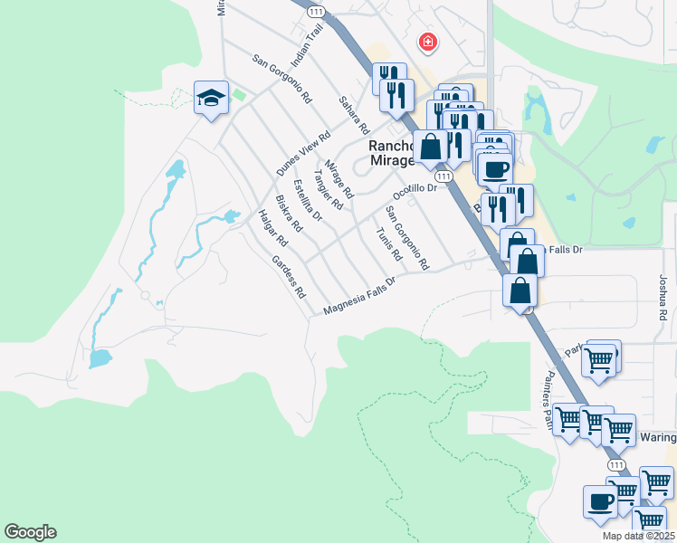map of restaurants, bars, coffee shops, grocery stores, and more near 71546 Biskra Road in Rancho Mirage