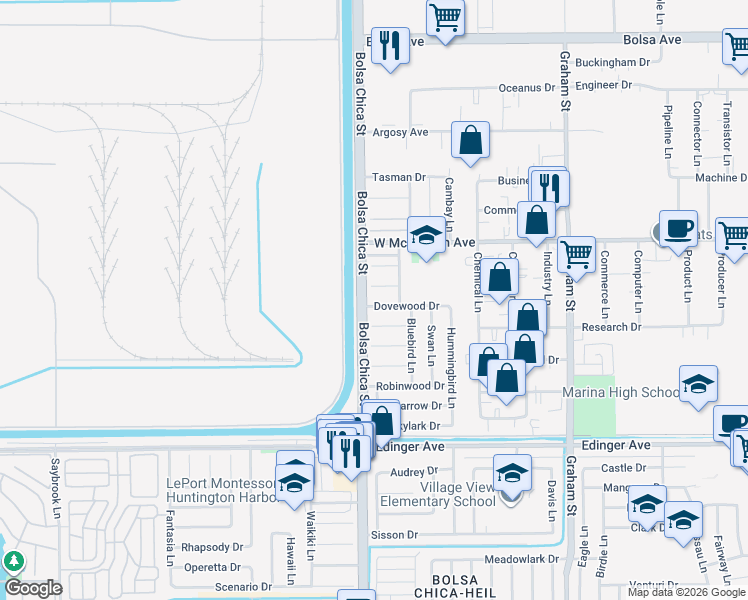 map of restaurants, bars, coffee shops, grocery stores, and more near 5021 Dovewood Drive in Huntington Beach