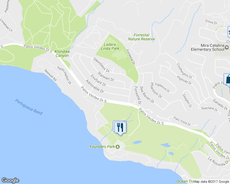 map of restaurants, bars, coffee shops, grocery stores, and more near 4005 Admirable Drive in Rancho Palos Verdes
