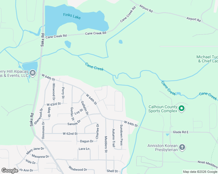 map of restaurants, bars, coffee shops, grocery stores, and more near 6427 Falakto Street in Anniston