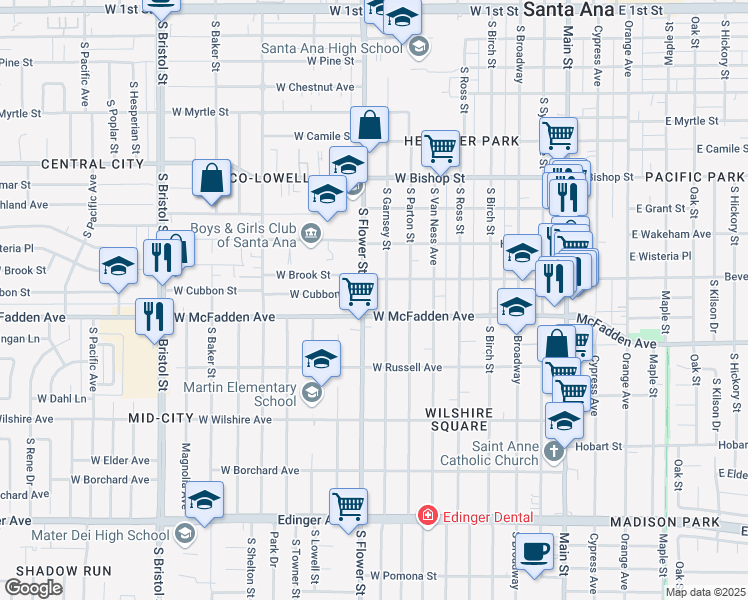 map of restaurants, bars, coffee shops, grocery stores, and more near 919 South Flower Street in Santa Ana