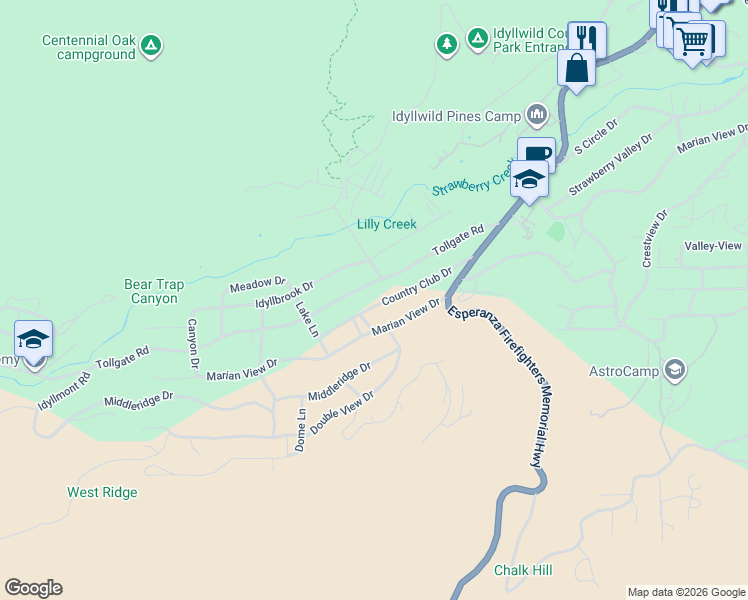 map of restaurants, bars, coffee shops, grocery stores, and more near 53560 Country Club Drive in Idyllwild-Pine Cove