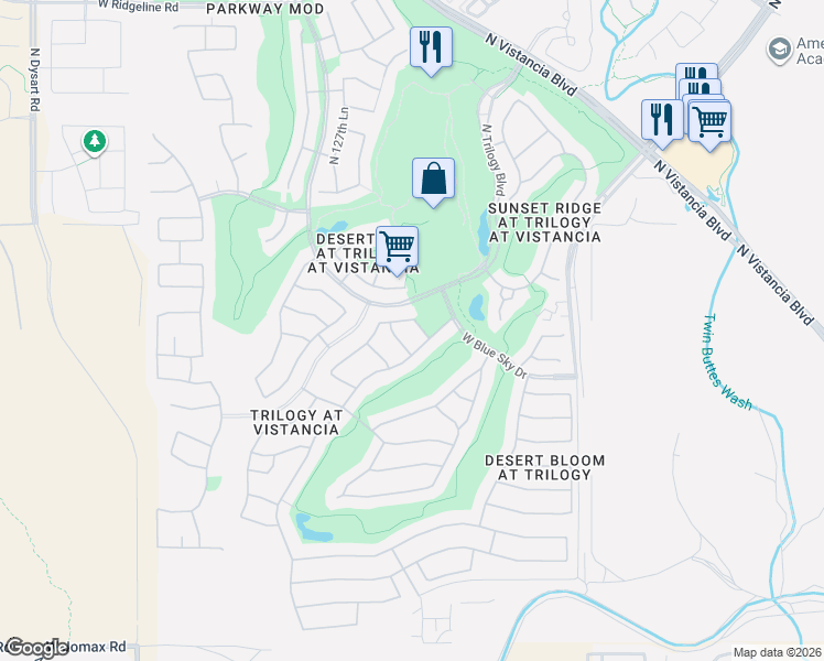 map of restaurants, bars, coffee shops, grocery stores, and more near 12855 West Oberlin Way in Peoria