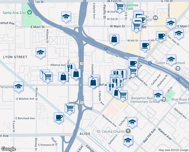 map of restaurants, bars, coffee shops, grocery stores, and more near 15712 Pasadena Avenue in Tustin
