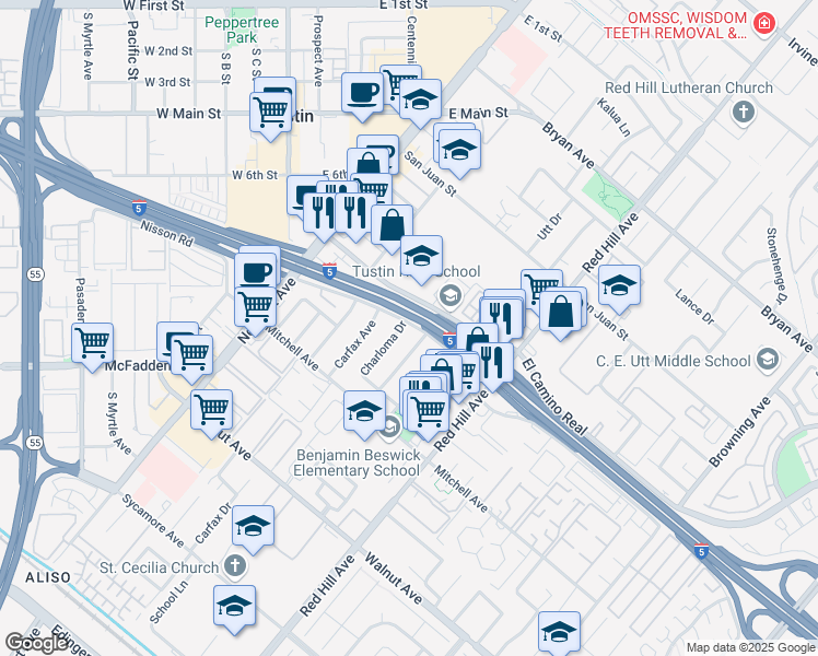 map of restaurants, bars, coffee shops, grocery stores, and more near 14012 Charloma Drive in Tustin