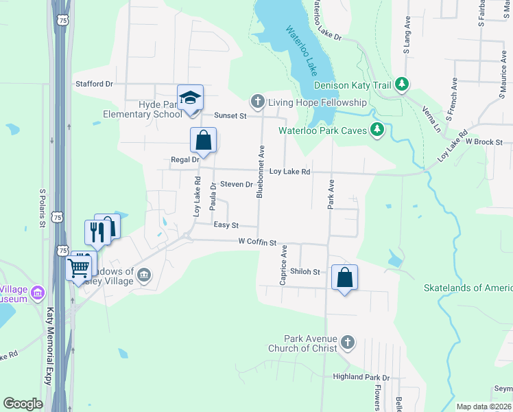 map of restaurants, bars, coffee shops, grocery stores, and more near 2101 Bluebonnet Avenue in Denison