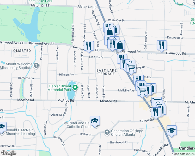 map of restaurants, bars, coffee shops, grocery stores, and more near 2418 Elldale Avenue in Decatur