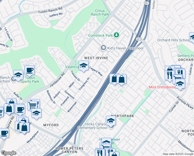map of restaurants, bars, coffee shops, grocery stores, and more near 33 Halifax Place in Irvine