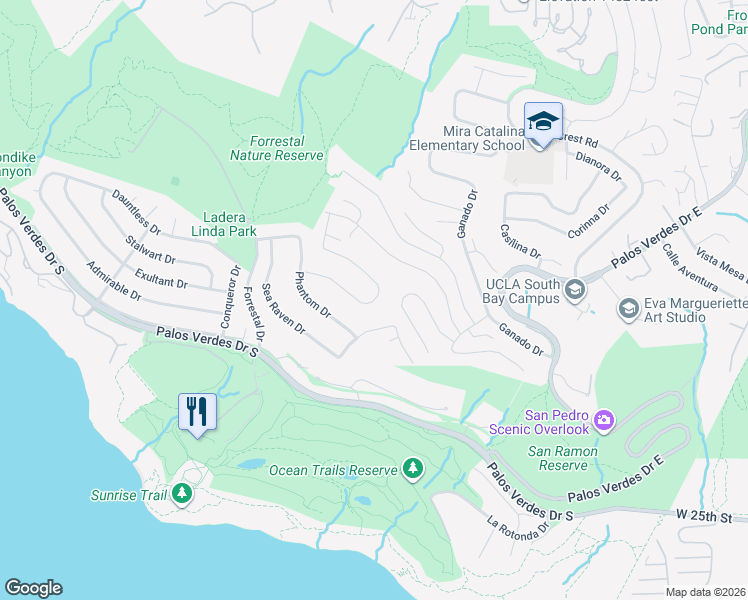 map of restaurants, bars, coffee shops, grocery stores, and more near 3643 Vigilance Drive in Rancho Palos Verdes