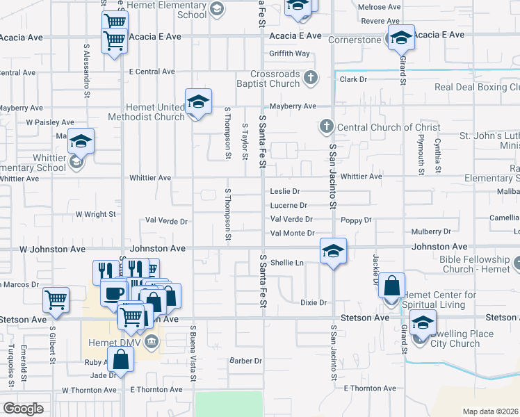 map of restaurants, bars, coffee shops, grocery stores, and more near 880 East Wright Street in Hemet