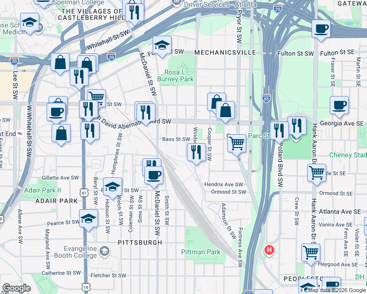 map of restaurants, bars, coffee shops, grocery stores, and more near 732 Garibaldi Street Southwest in Atlanta