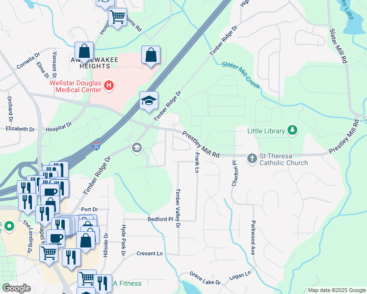 map of restaurants, bars, coffee shops, grocery stores, and more near 5832 Sloane Street in Douglasville