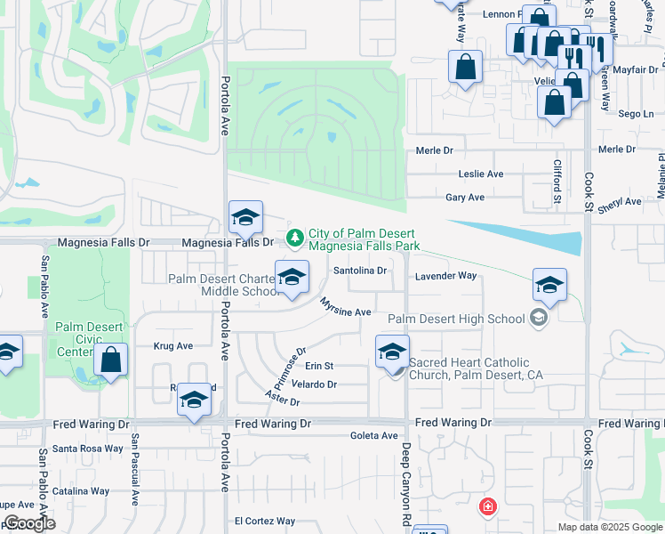 map of restaurants, bars, coffee shops, grocery stores, and more near 43150 Rutledge Way in Palm Desert