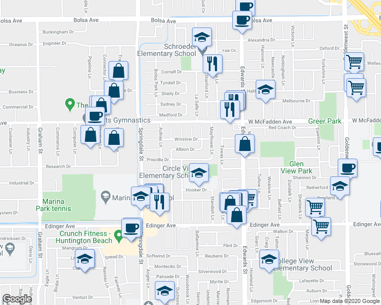 map of restaurants, bars, coffee shops, grocery stores, and more near 6232 Albion Drive in Huntington Beach
