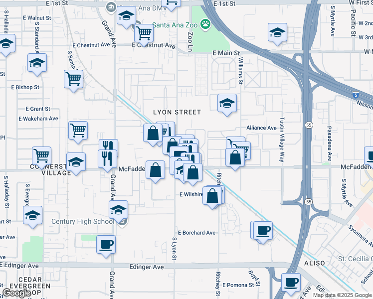 map of restaurants, bars, coffee shops, grocery stores, and more near 1706 Normandy Place in Santa Ana