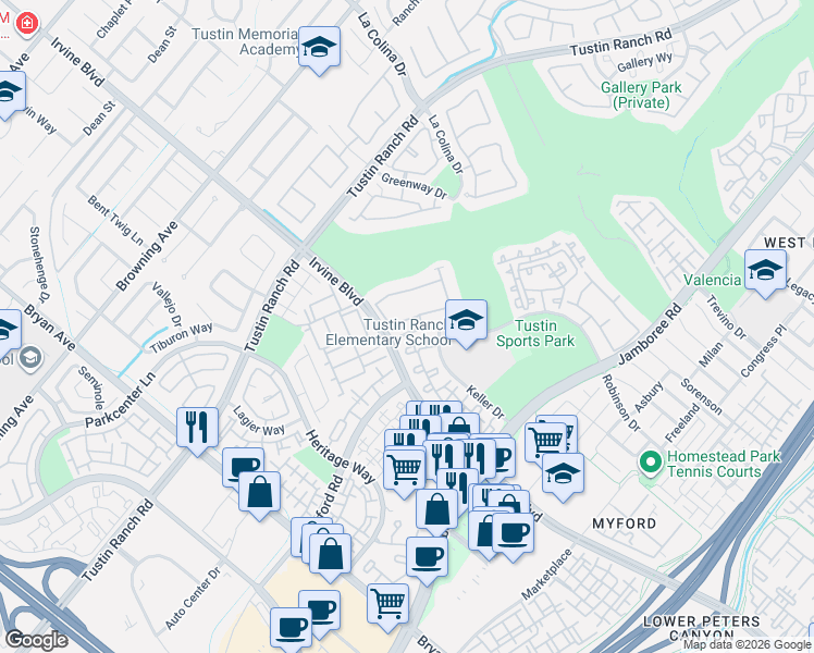map of restaurants, bars, coffee shops, grocery stores, and more near 12980 Mackenzie Drive in Tustin