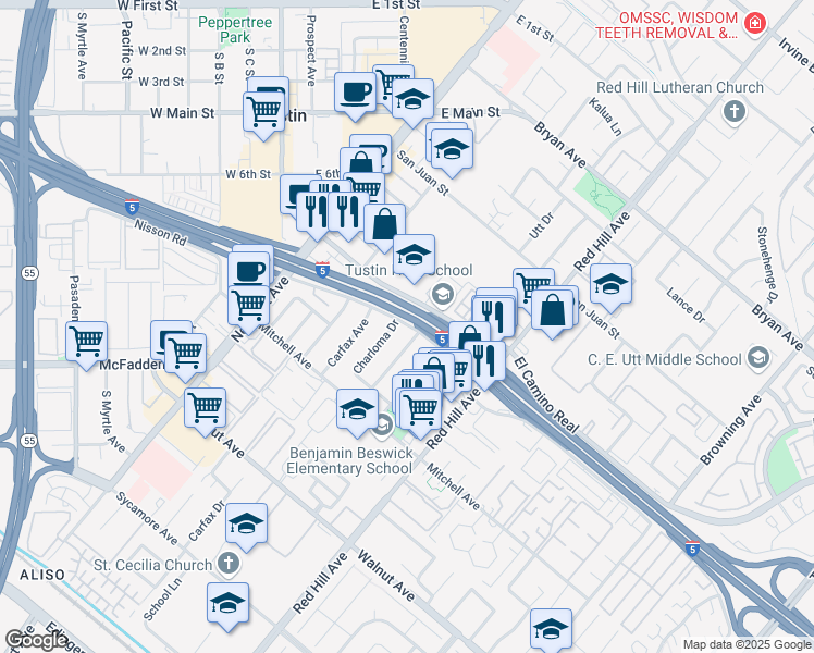 map of restaurants, bars, coffee shops, grocery stores, and more near 14012 Charloma Drive in Tustin