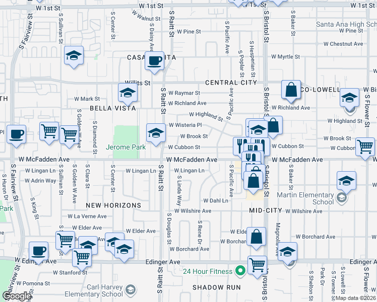 map of restaurants, bars, coffee shops, grocery stores, and more near 1638 West Cubbon Street in Santa Ana