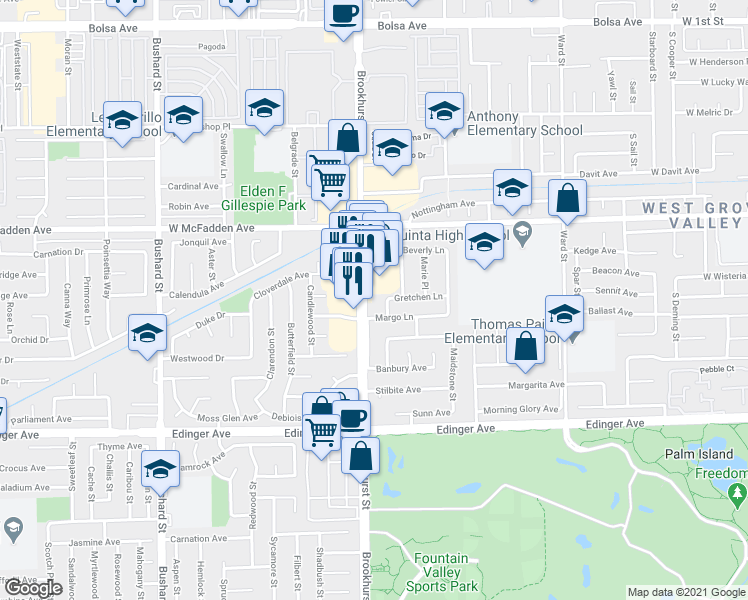 map of restaurants, bars, coffee shops, grocery stores, and more near 15691 Patrice Avenue in Westminster