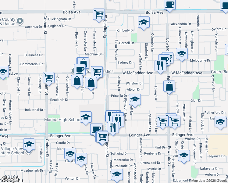 map of restaurants, bars, coffee shops, grocery stores, and more near 6062 Stone Circle in Huntington Beach
