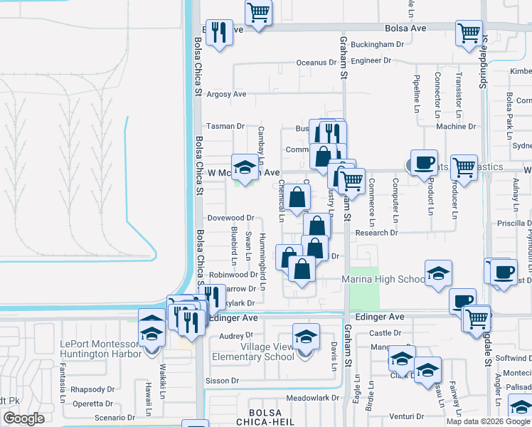 map of restaurants, bars, coffee shops, grocery stores, and more near 5201 Dovewood Drive in Huntington Beach