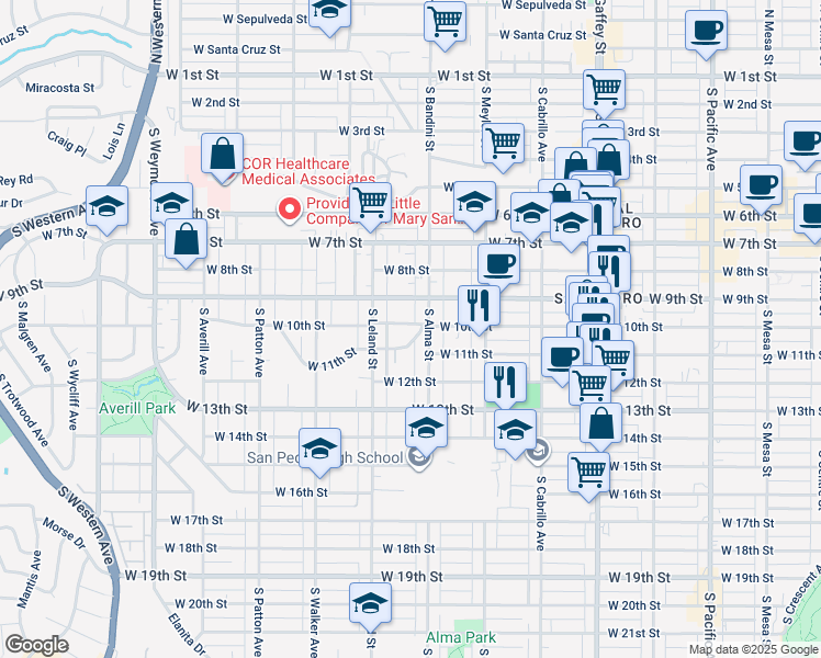 map of restaurants, bars, coffee shops, grocery stores, and more near 1011 West 11th Street in Los Angeles