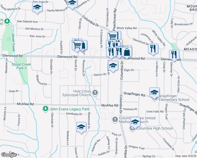 map of restaurants, bars, coffee shops, grocery stores, and more near 1910 Amesbury Drive in Decatur