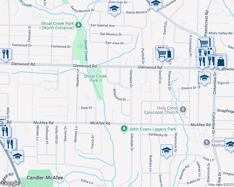 map of restaurants, bars, coffee shops, grocery stores, and more near 1910 Wildwood Drive in Decatur
