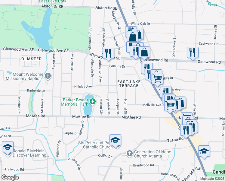 map of restaurants, bars, coffee shops, grocery stores, and more near 2386 Elldale Avenue in Decatur
