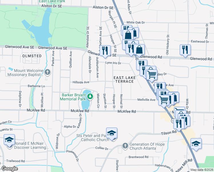 map of restaurants, bars, coffee shops, grocery stores, and more near 2386 Elldale Avenue in Decatur