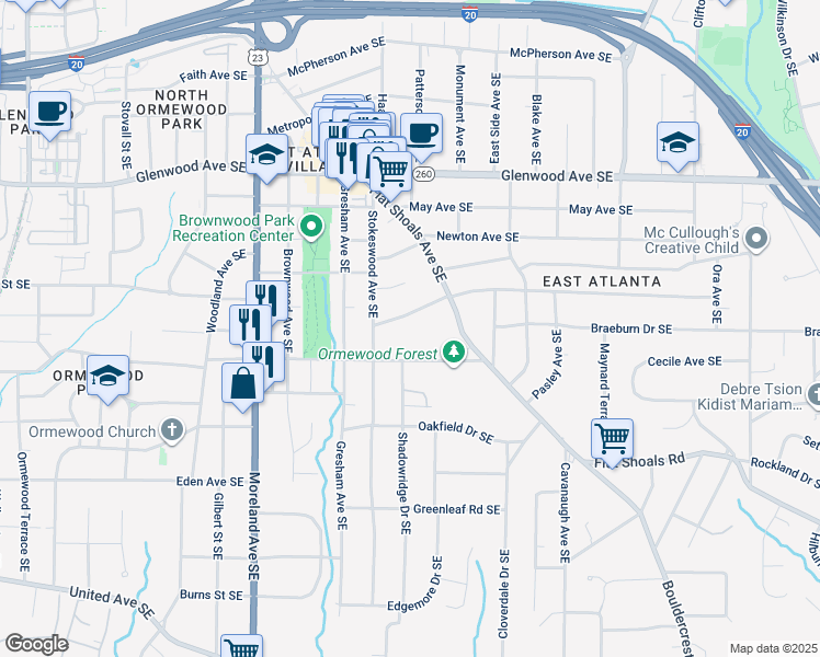 map of restaurants, bars, coffee shops, grocery stores, and more near 1345 Milton Place Southeast in Atlanta