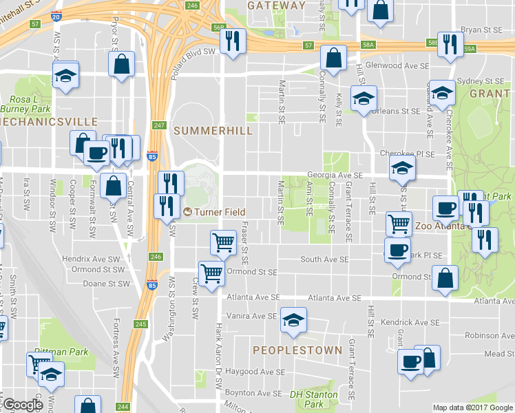 map of restaurants, bars, coffee shops, grocery stores, and more near 713 Reed Street Southeast in Atlanta
