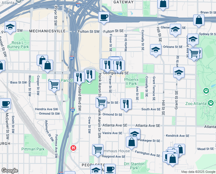 map of restaurants, bars, coffee shops, grocery stores, and more near 717 Fraser Street Southeast in Atlanta