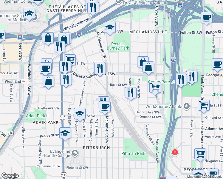 map of restaurants, bars, coffee shops, grocery stores, and more near 720 Smith Street Southwest in Atlanta