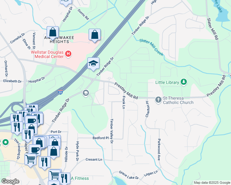 map of restaurants, bars, coffee shops, grocery stores, and more near 5832 Sloane Street in Douglasville