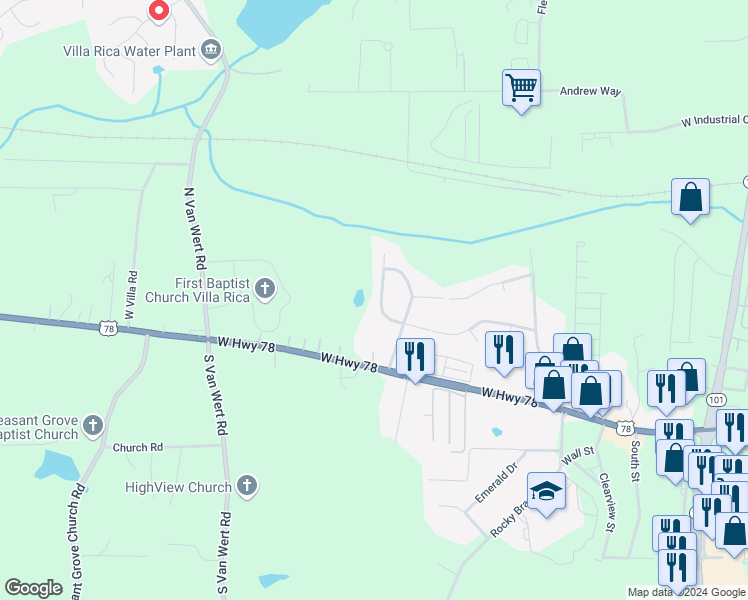 map of restaurants, bars, coffee shops, grocery stores, and more near 102 Melleray Court in Villa Rica