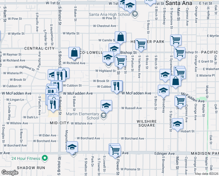 map of restaurants, bars, coffee shops, grocery stores, and more near 932 West Cubbon Street in Santa Ana