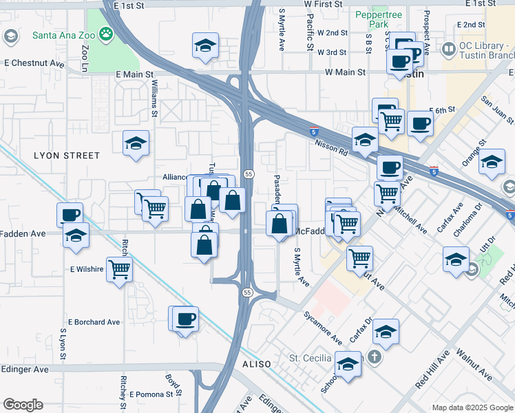 map of restaurants, bars, coffee shops, grocery stores, and more near 17045 Medallion Avenue in Tustin