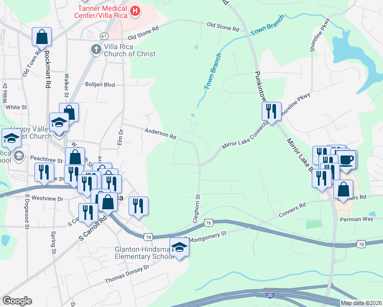 map of restaurants, bars, coffee shops, grocery stores, and more near 312 Cleghorn Street in Villa Rica