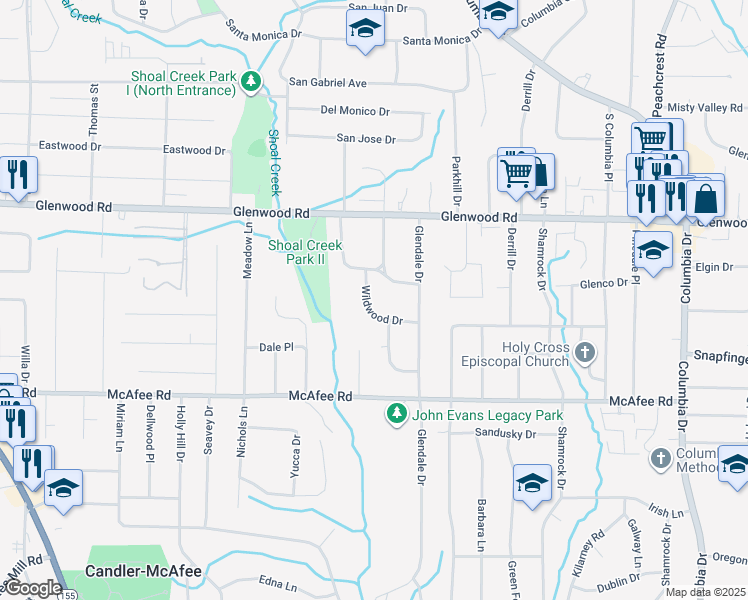map of restaurants, bars, coffee shops, grocery stores, and more near 1910 Wildwood Drive in Decatur