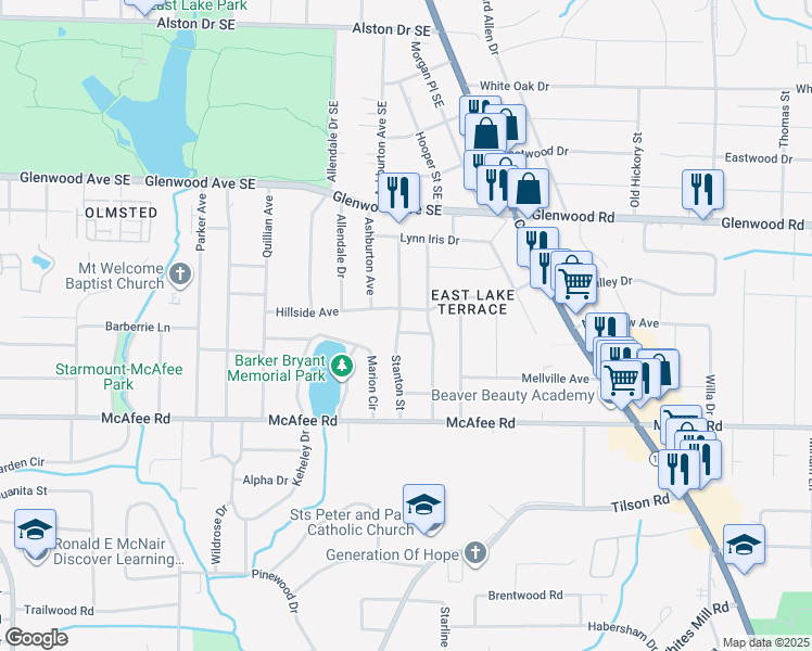 map of restaurants, bars, coffee shops, grocery stores, and more near 2386 Elldale Avenue in Decatur