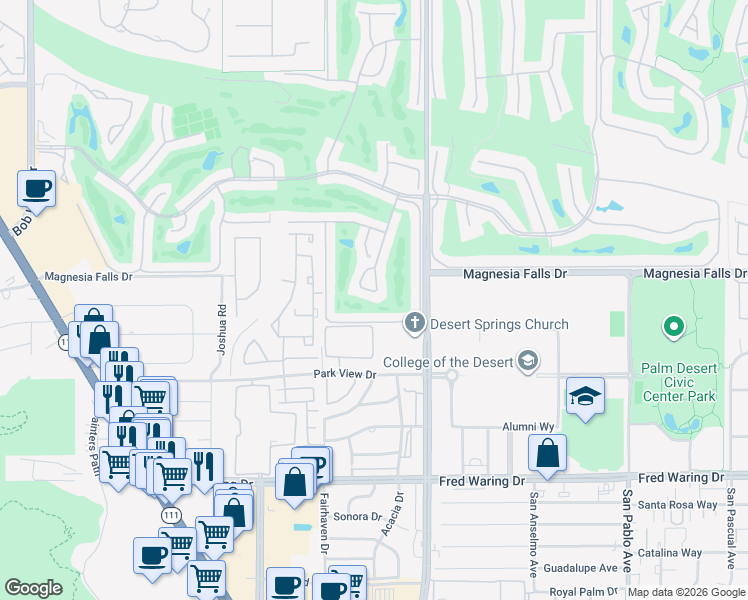 map of restaurants, bars, coffee shops, grocery stores, and more near 79 Durango Circle in Rancho Mirage