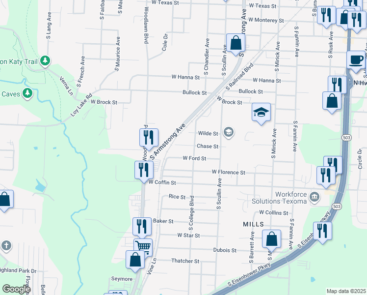map of restaurants, bars, coffee shops, grocery stores, and more near 1022 Chase Street in Denison