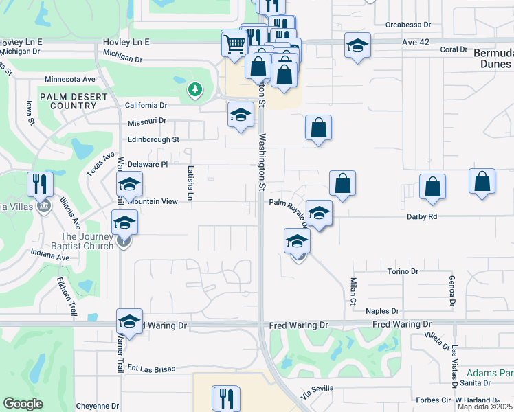 map of restaurants, bars, coffee shops, grocery stores, and more near 43135 Washington Street in Palm Desert