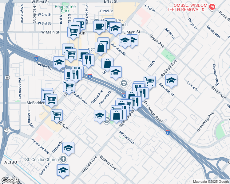 map of restaurants, bars, coffee shops, grocery stores, and more near 14011 Woodlawn Avenue in Tustin