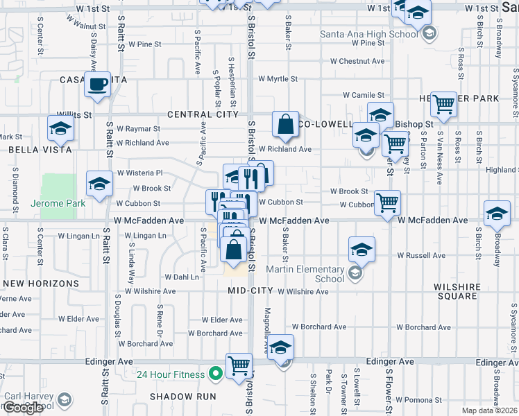 map of restaurants, bars, coffee shops, grocery stores, and more near 1019 South Bristol Street in Santa Ana