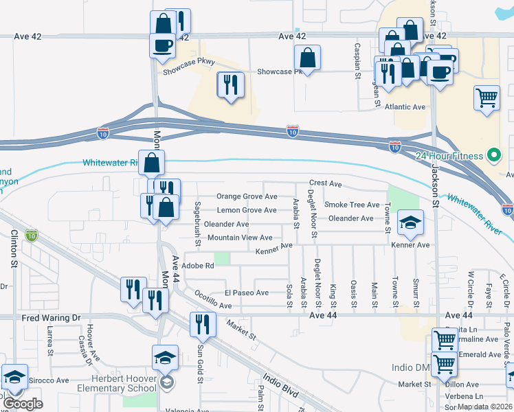 map of restaurants, bars, coffee shops, grocery stores, and more near 82356 Lemon Grove Avenue in Indio