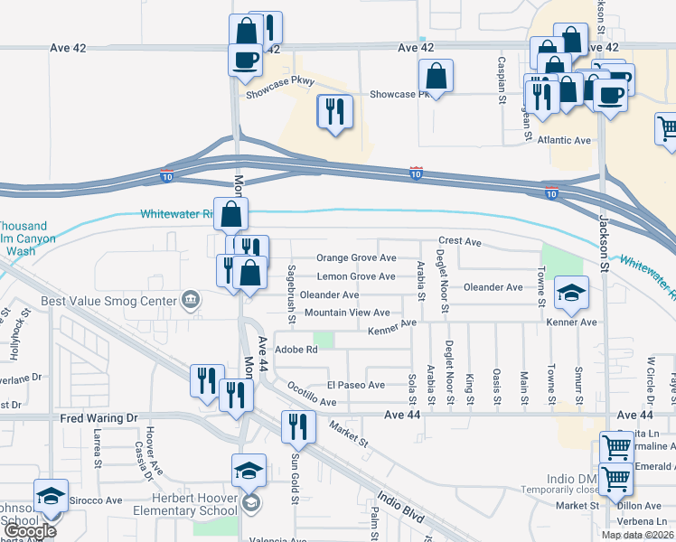 map of restaurants, bars, coffee shops, grocery stores, and more near 82278 Lemon Grove Avenue in Indio