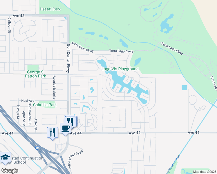 map of restaurants, bars, coffee shops, grocery stores, and more near 43254 Passagio Lago Way in Indio