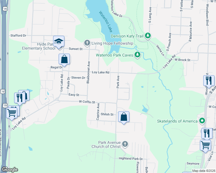 map of restaurants, bars, coffee shops, grocery stores, and more near 2047 Avon Drive in Denison
